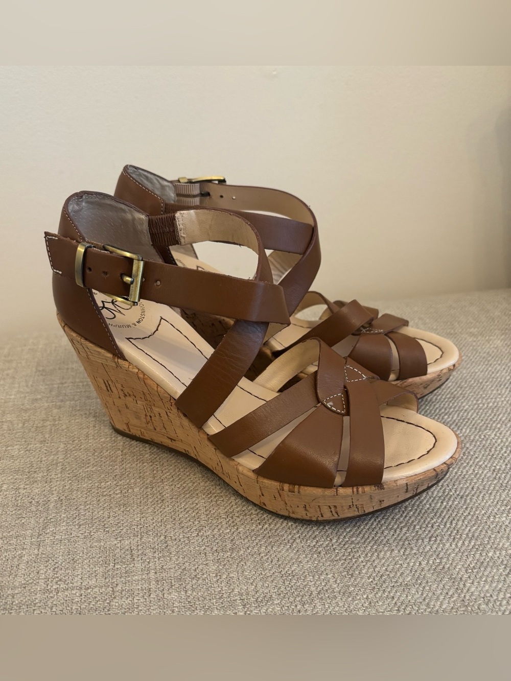 Johnston & Murphy Leather Cork Wedge Platform Sandals Chestnut Brown Women’s 5M